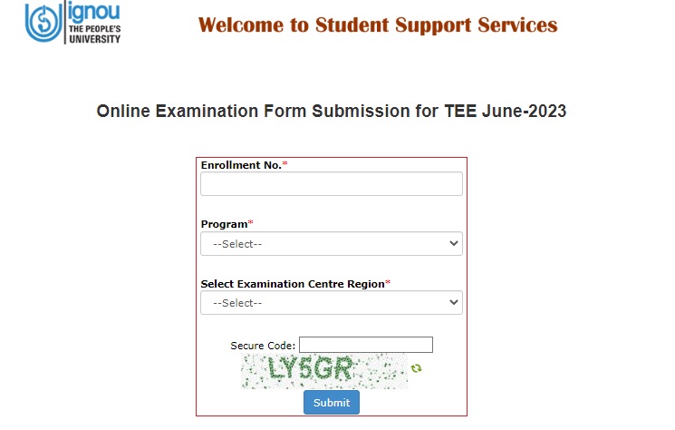 IGNOU Exam Form login page