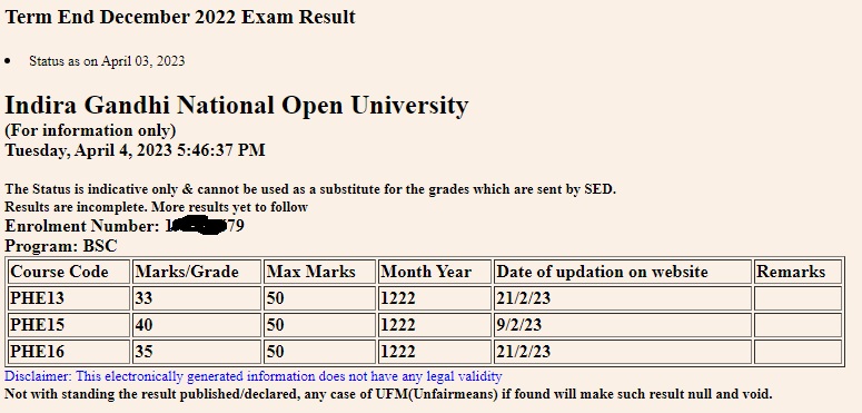 ignou term end result page