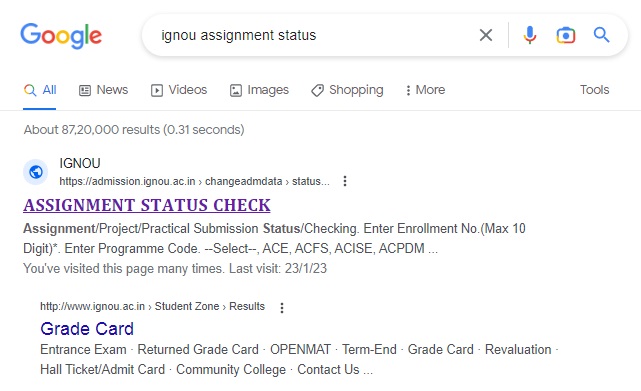 ignou assignment status check