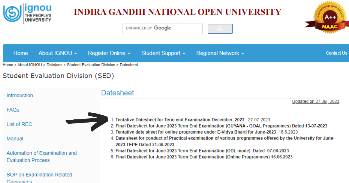 Find Subjects in IGNOU Datesheet